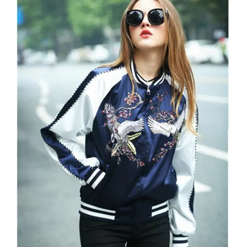 Harajuku Crane Flower Embroidery Jacket Contrast Color Sleeve Bomber Jacket Coat Pilots Couple Outerwear 2 Color 3