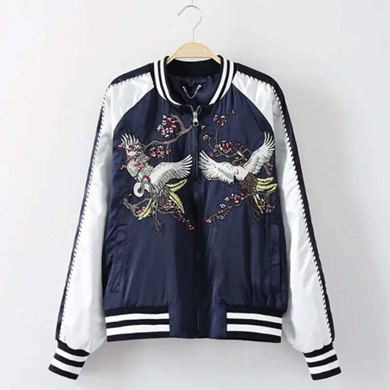 Harajuku Crane Flower Embroidery Jacket Contrast Color Sleeve Bomber Jacket Coat Pilots Couple Outerwear 2 Color 4