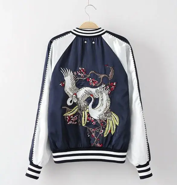 Harajuku Crane Flower Embroidery Jacket Contrast Color Sleeve Bomber Jacket Coat Pilots Couple Outerwear 2 Color 6