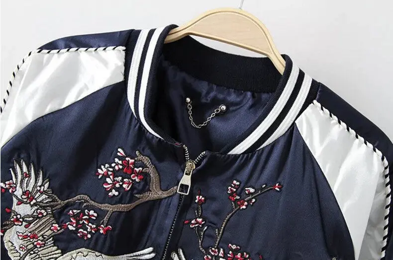 Harajuku Crane Flower Embroidery Jacket Contrast Color Sleeve Bomber Jacket Coat Pilots Couple Outerwear 2 Color 7