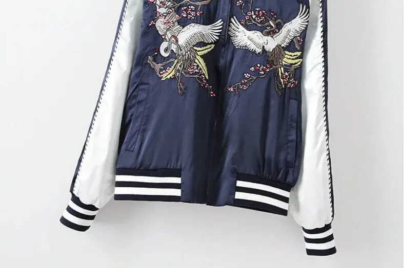 Harajuku Crane Flower Embroidery Jacket Contrast Color Sleeve Bomber Jacket Coat Pilots Couple Outerwear 2 Color 8