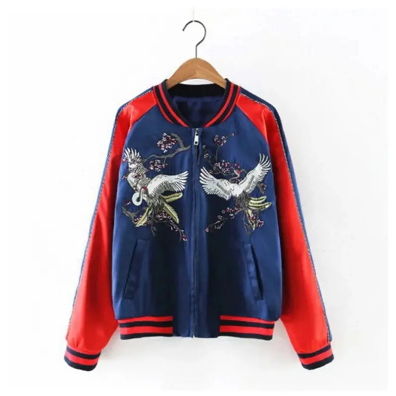 Harajuku Crane Flower Embroidery Jacket Women Contrast Color Sleeve Bomber Jacket Coat Pilots Couple Outerwear 1