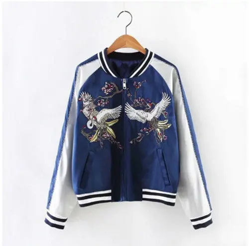 Harajuku Crane Flower Embroidery Jacket Women Contrast Color Sleeve Bomber Jacket Coat Pilots Couple Outerwear 4