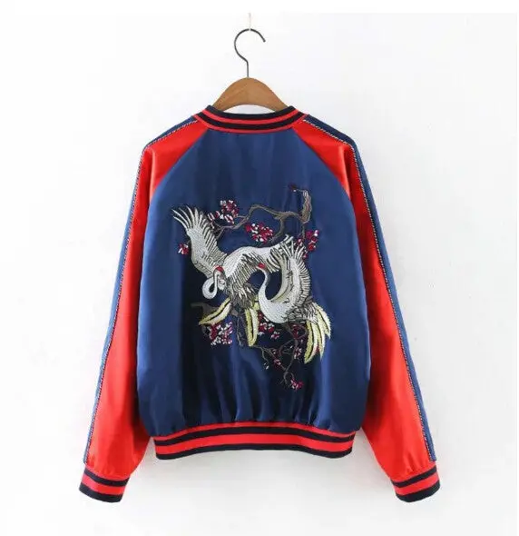 Harajuku Crane Flower Embroidery Jacket Women Contrast Color Sleeve Bomber Jacket Coat Pilots Couple Outerwear 5
