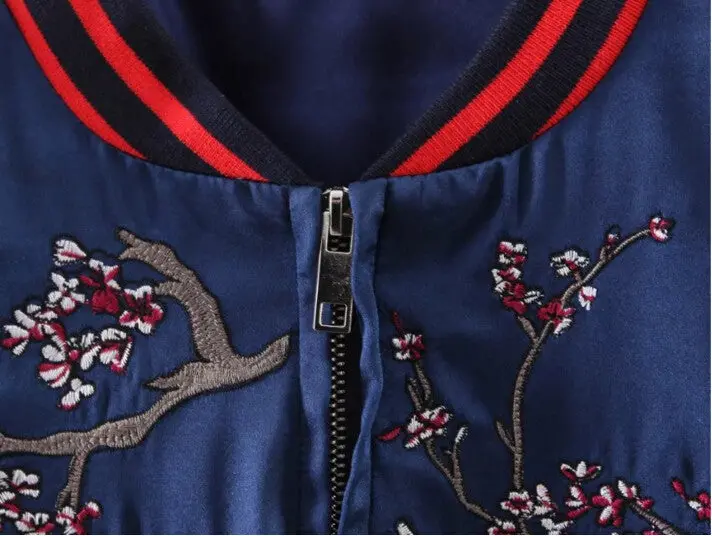 Harajuku Crane Flower Embroidery Jacket Women Contrast Color Sleeve Bomber Jacket Coat Pilots Couple Outerwear 6
