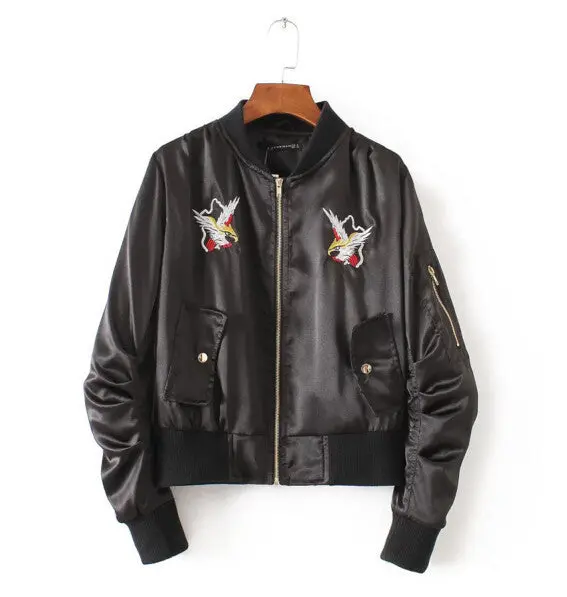 Harajuku Eagle Embroidery Jacket Women Short Bomber Jacket Elastic Sleeve Coat Pilots Outerwear Army Green Black Color 1