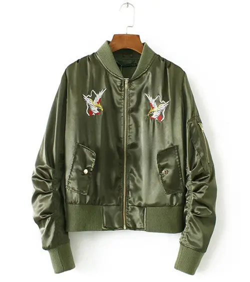 Harajuku Eagle Embroidery Jacket Women Short Bomber Jacket Elastic Sleeve Coat Pilots Outerwear Army Green Black Color 4