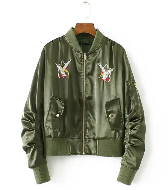 Harajuku Eagle Embroidery Jacket Women Short Bomber Jacket Elastic Sleeve Coat Pilots Outerwear Army Green Black Color 6