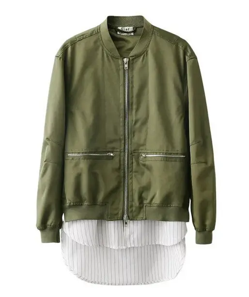 Harajuku False Two Pieces Spliced Hem Pilot Jacket Women Contrast Color Bomber Coat Outerwear Tops Femme Casual 2 Color 1