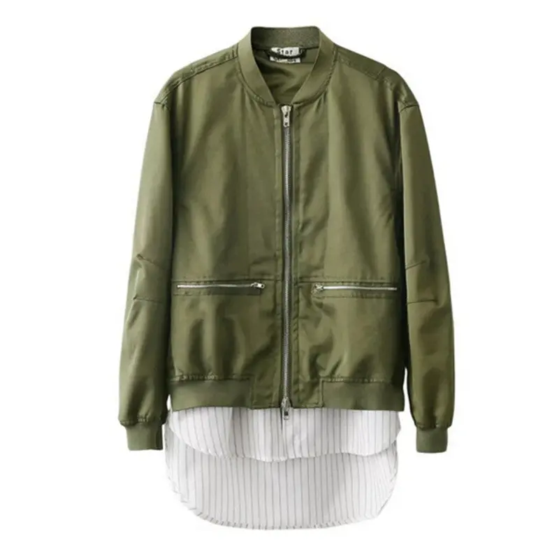 Harajuku False Two Pieces Spliced Hem Pilot Jacket Women Contrast Color Bomber Coat Outerwear Tops Femme Casual 2 Color 3
