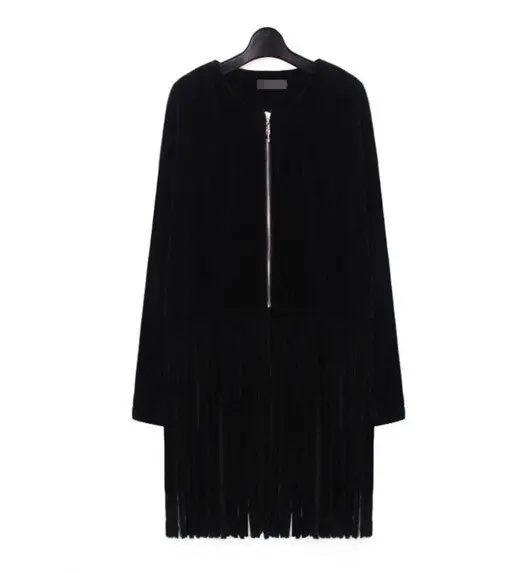 Harajuku Faux Horse Hairy Short Plush Spliced Tassel Jacket Women O Neck Long Fringed Hem Zipper Coat Outerwear 2 Color 1
