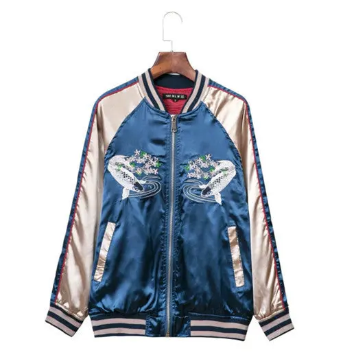 Harajuku Fish Flower Embroidery Jacket Women Contrast Color Sleeve Bomber Jacket Coat Pilots Couple Outerwear 1