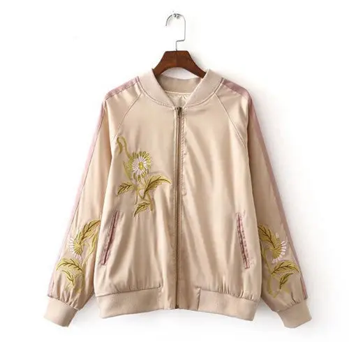 Harajuku Flower Embroidery Jacket Women Contrast Color Sleeve Bomber Jacket Coat Pilots Couple Outerwear 1