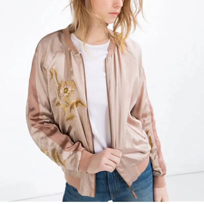 Harajuku Flower Embroidery Jacket Women Contrast Color Sleeve Bomber Jacket Coat Pilots Couple Outerwear 2