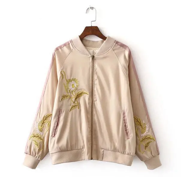 Harajuku Flower Embroidery Jacket Women Contrast Color Sleeve Bomber Jacket Coat Pilots Couple Outerwear 3