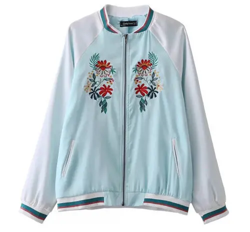 Harajuku Flower Embroidery Jacket Women Contrast Color Sleeve Bomber Jacket Coat Pilots Outerwear 2 Color 1