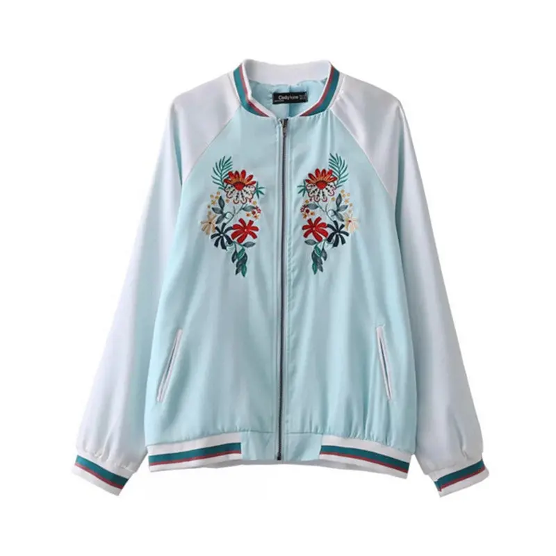 Harajuku Flower Embroidery Jacket Women Contrast Color Sleeve Bomber Jacket Coat Pilots Outerwear 2 Color 3