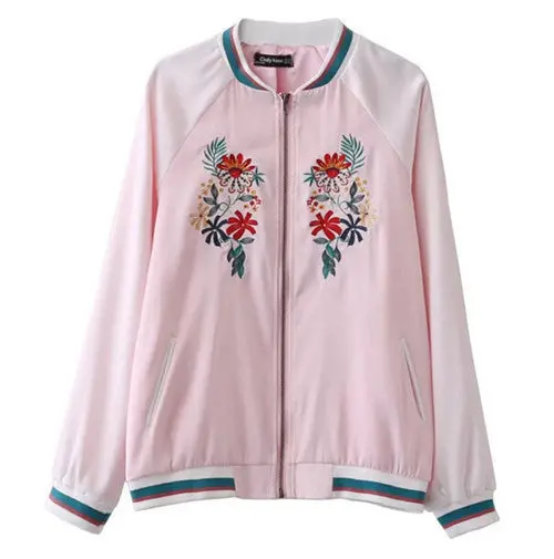 Harajuku Flower Embroidery Jacket Women Contrast Color Sleeve Bomber Jacket Coat Pilots Outerwear 2 Color 4