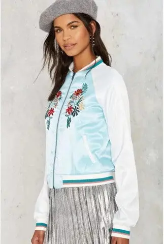 Harajuku Flower Embroidery Jacket Women Contrast Color Sleeve Bomber Jacket Coat Pilots Outerwear 2 Color 4