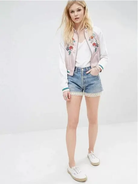 Harajuku Flower Embroidery Jacket Women Contrast Color Sleeve Bomber Jacket Coat Pilots Outerwear 2 Color 5