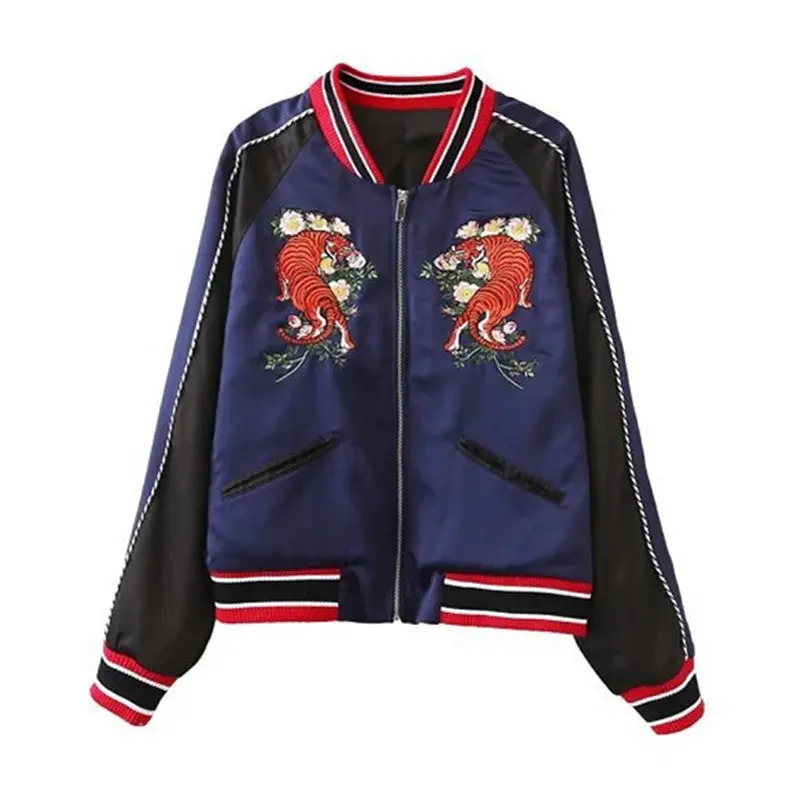 Harajuku Flower Tiger Embroidery Jacket Women Contrast Color Sleeve Bomber Jacket Coat Pilots Couple Outerwear 1