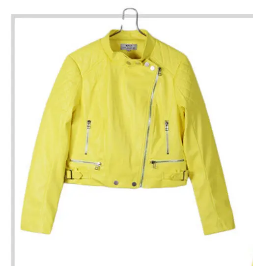 Harajuku Fluorescent Yellow Color Pu Faux Leather Jacket Women Buckles Side Zipper Slim Motorcycle Biker Coat Black Outerwear 1