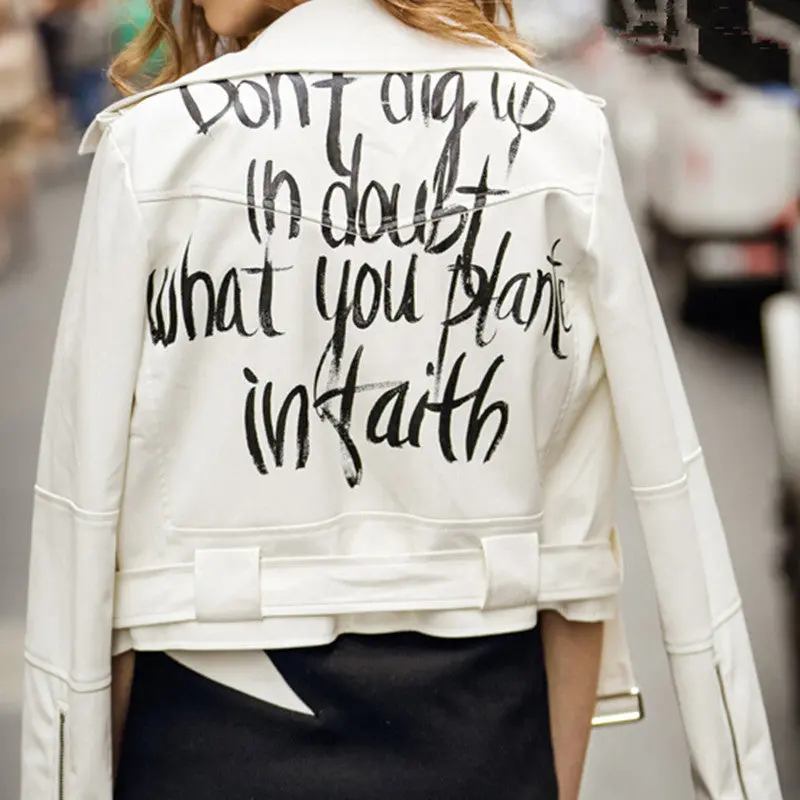 Harajuku Graffiti Letter Print Pu Faux Leather Jacket Women Bandageg Hem Zipper Short White Coat Outerwear Tops 2