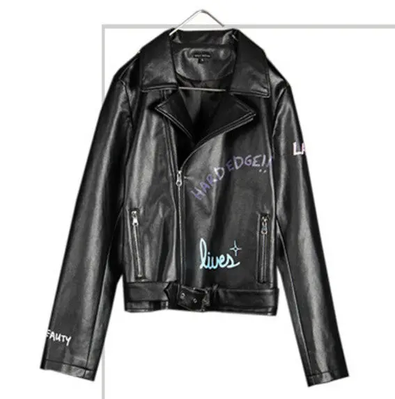 Harajuku Graffiti Letter Print Pu Faux Leather Jacket Women Bandageg Hem Zipper Slim Motorcycle Biker Coat Black Outerwear 2