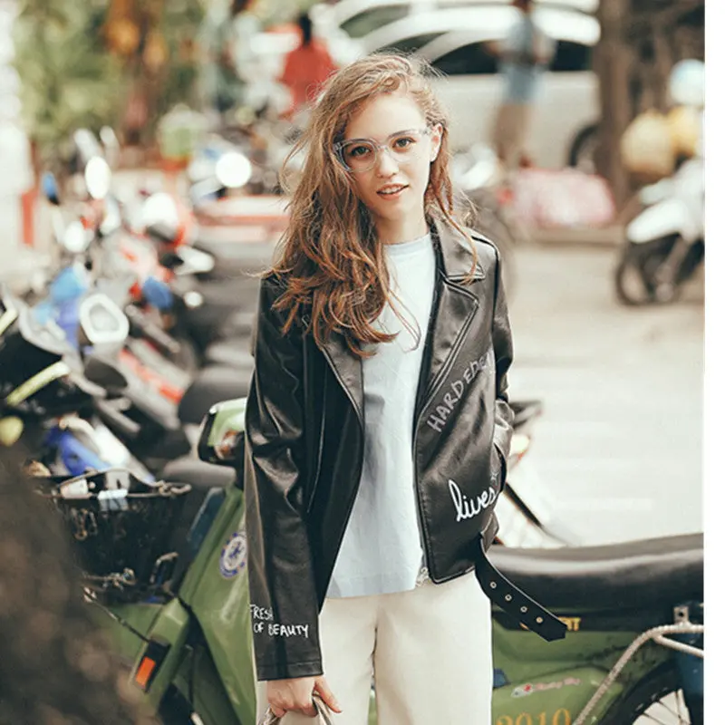 Harajuku Graffiti Letter Print Pu Faux Leather Jacket Women Bandageg Hem Zipper Slim Motorcycle Biker Coat Black Outerwear 3