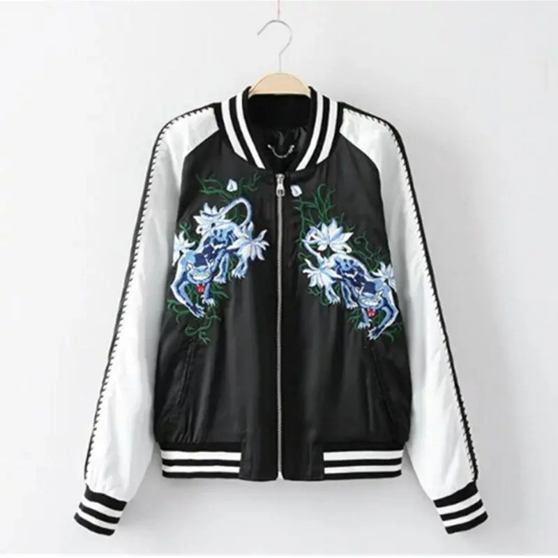 Harajuku Leopard Satin Plant Cactus Embroidery Jacket Women Contrast Color Bomber Jacket Coat Pilots Outerwear 1