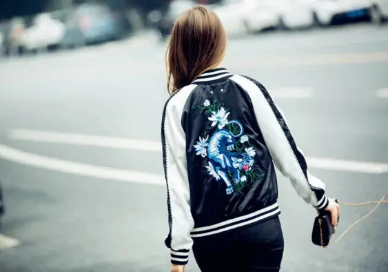 Harajuku Leopard Satin Plant Cactus Embroidery Jacket Women Contrast Color Bomber Jacket Coat Pilots Outerwear 4