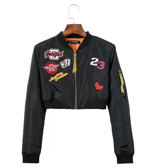 Harajuku Letter Appliques Embroidery Short Jacket Yokosuka Women V Neck Bomber Pilots Jacket Coat Pilots Outerwear 1