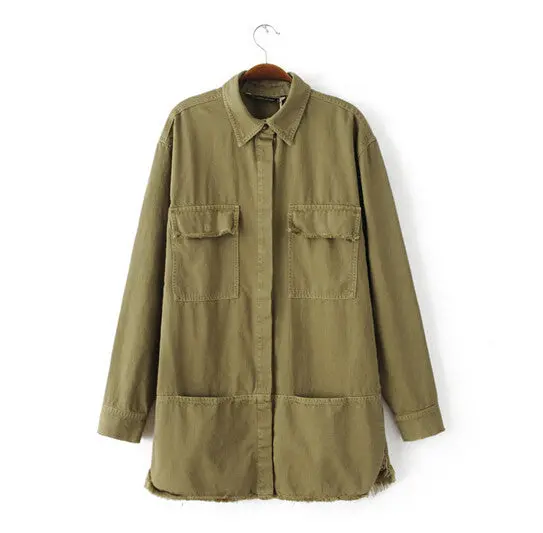 Harajuku Letter Green Onions Embroidery Trench Woman Lapel Hem Tassel Loose Coat Casual Outerwear Army Green 1