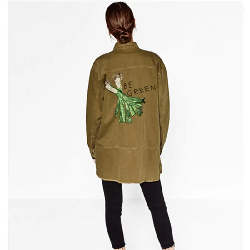 Harajuku Letter Green Onions Embroidery Trench Woman Lapel Hem Tassel Loose Coat Casual Outerwear Army Green 2