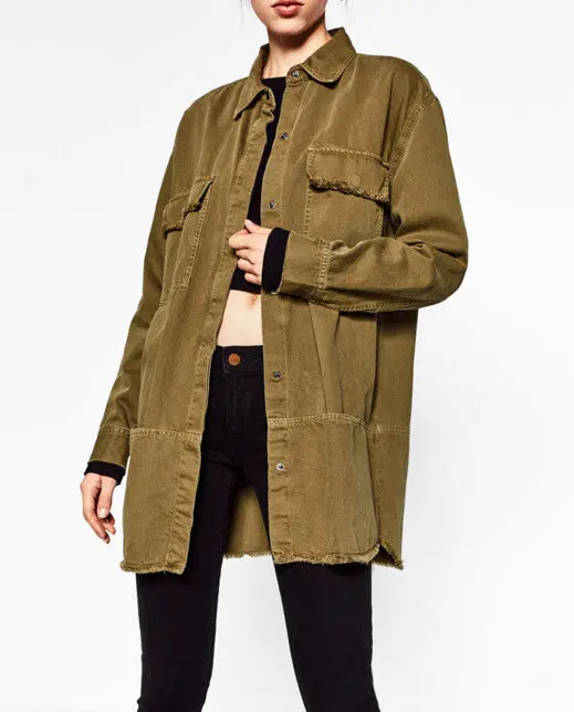 Harajuku Letter Green Onions Embroidery Trench Woman Lapel Hem Tassel Loose Coat Casual Outerwear Army Green 3