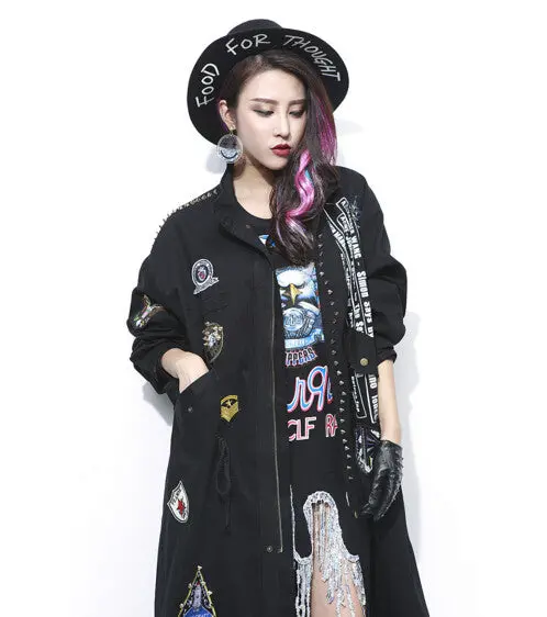 Harajuku Letter Print 3D Rivets Appliques Embroidery Trench Woman Lapel Adjustable Waist Loose Coat Casual Outerwear 1