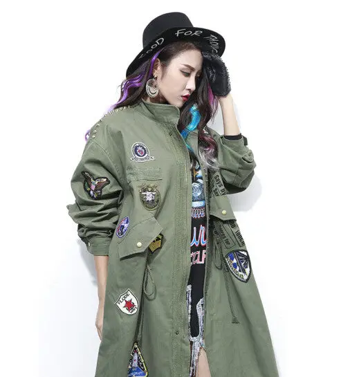 Harajuku Letter Print 3D Rivets Appliques Embroidery Trench Woman Lapel Adjustable Waist Loose Coat Casual Outerwear 2