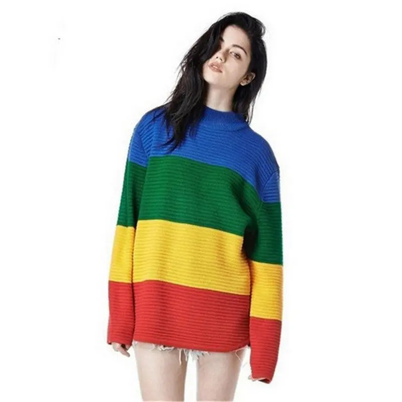 Harajuku Loose Sweater Crayola Rainbow Stripe Women Sweater Oversized Pullover Knit O Neck Women Sweaters And Pullovers 1