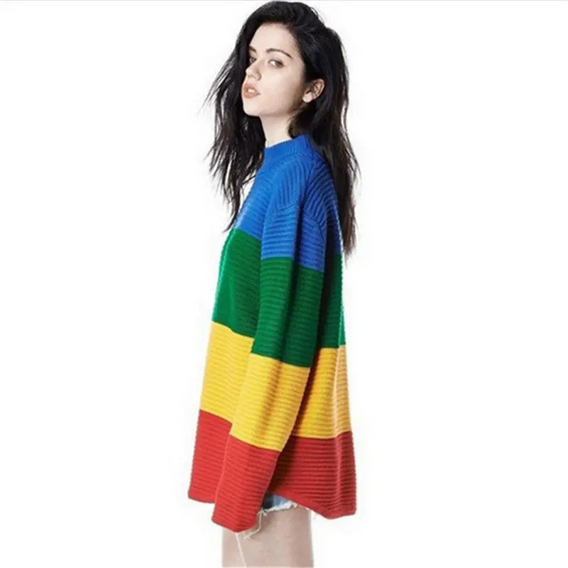 Harajuku Loose Sweater Crayola Rainbow Stripe Women Sweater Oversized Pullover Knit O Neck Women Sweaters And Pullovers 2