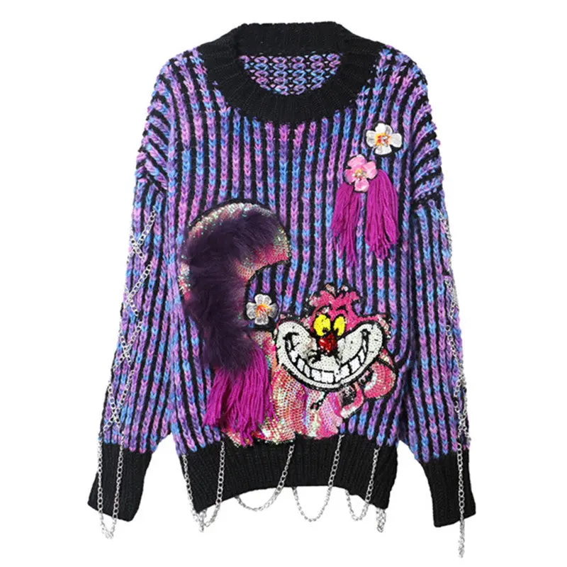 Harajuku Mix Colored Sequined Tassel Metal Chain Sweater Woman O Neck Fringed Knitwear Jumper Pullover Kleding Jerseis Femme 1