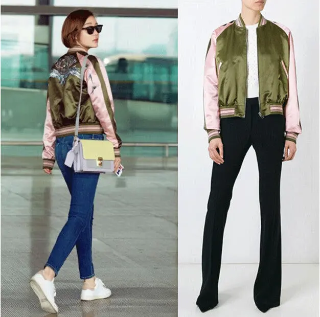 Harajuku On Sleeve Back Bird Eagle Embroidery Jacket Women Contrast Color Bomber Jacket Coat Pilots Outerwear 5