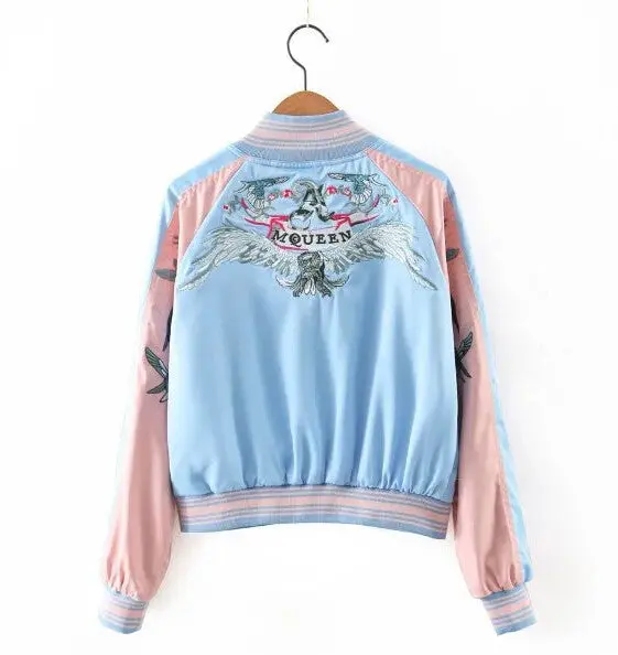 Harajuku On Sleeve Back Bird Eagle Embroidery Jacket Women Contrast Color Bomber Jacket Coat Pilots Outerwear 7