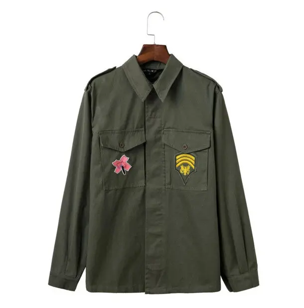 Harajuku Pachwork Appliques Embroidery Jacket Women Lapel Pockets Military Coat Casual Outerwear Army Green 1