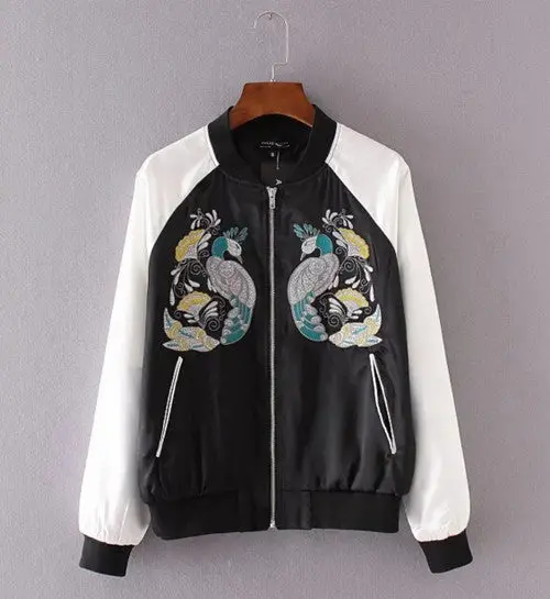 Harajuku Peacock Bird Flower Embroidery Jacket Contrast Color Sleeve Bomber Jacket Coat Pilots Outerwear 1