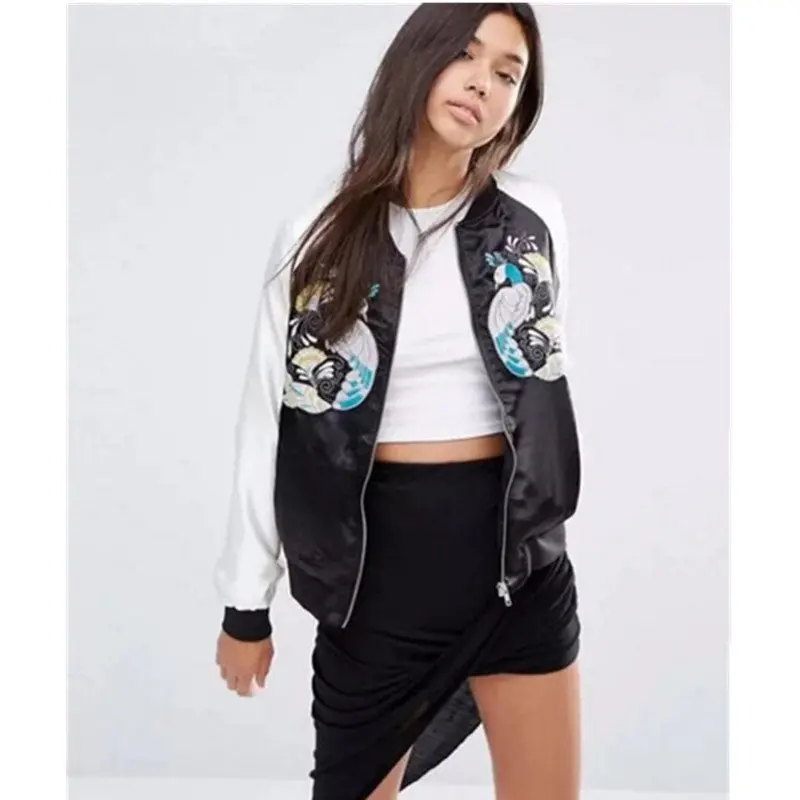 Harajuku Peacock Bird Flower Embroidery Jacket Contrast Color Sleeve Bomber Jacket Coat Pilots Outerwear 3