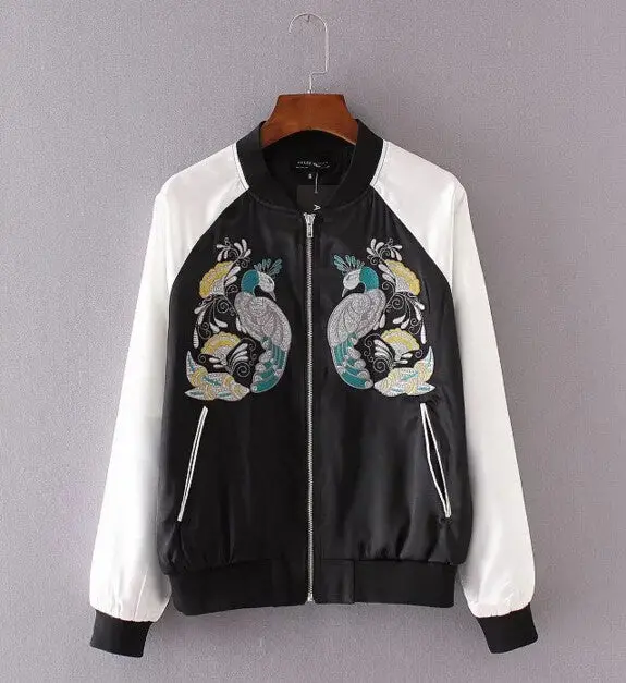 Harajuku Peacock Bird Flower Embroidery Jacket Contrast Color Sleeve Bomber Jacket Coat Pilots Outerwear 5