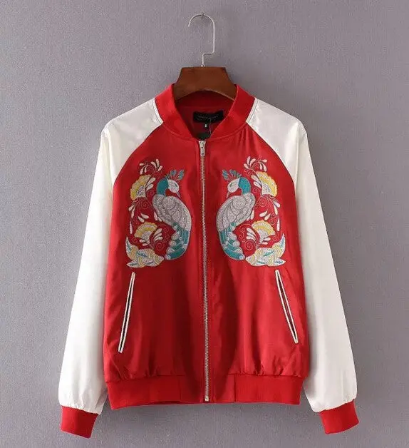 Harajuku Peacock Bird Flower Embroidery Jacket Contrast Color Sleeve Bomber Jacket Coat Pilots Outerwear 6