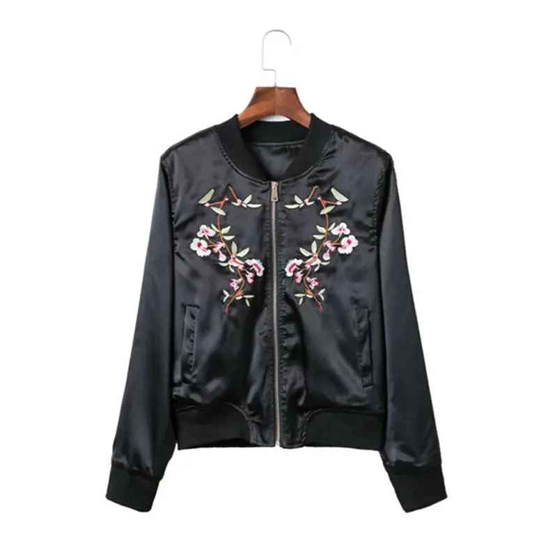 Harajuku Plum Flower Embroidery Jacket Women Contrast Color Floral Bomber Jacket Coat Pilots Outerwear Black S M L 1
