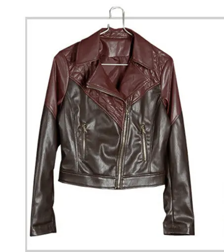 Harajuku Quilted Spliced Dark Red Pu Faux Leather Jacket Women Zipper Slim Fit Motorcycle Biker Coat Black Outerwear 1