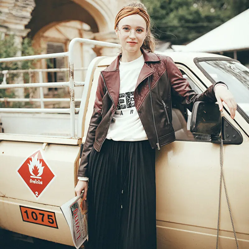 Harajuku Quilted Spliced Dark Red Pu Faux Leather Jacket Women Zipper Slim Fit Motorcycle Biker Coat Black Outerwear 2